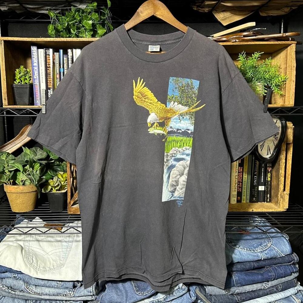 Vintage 90s Single Stitch Bald Eagle Tee Faded Black Nature Wildlife Shirt XL